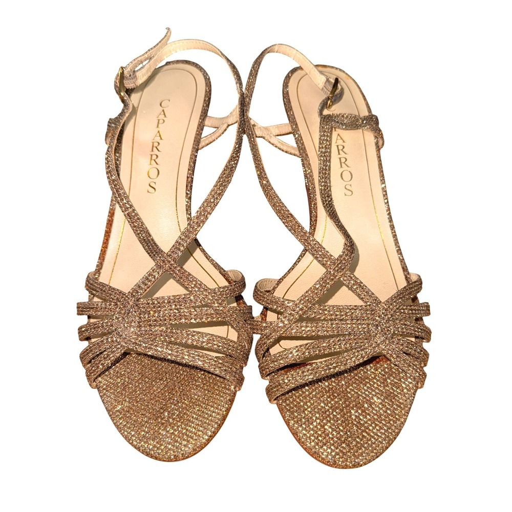 Caparros Sandals Women 6.5 Pre-Owned Champagne Gold Glitter Strappy Kitten Heel